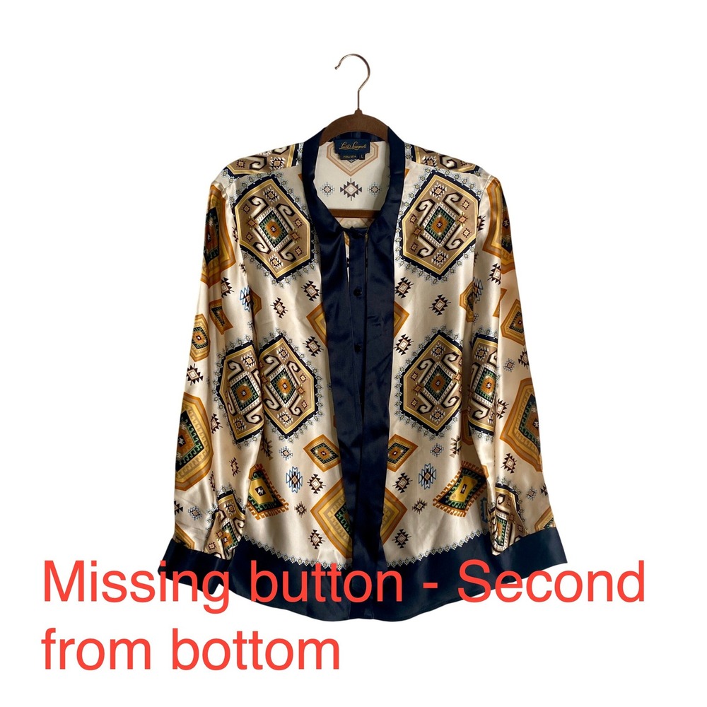 VTG Luisa Spagnoli Silk Blouse L Bow Aztec Geometric Southwestern 80s 90s *FLAWS - Picture 2 of 7